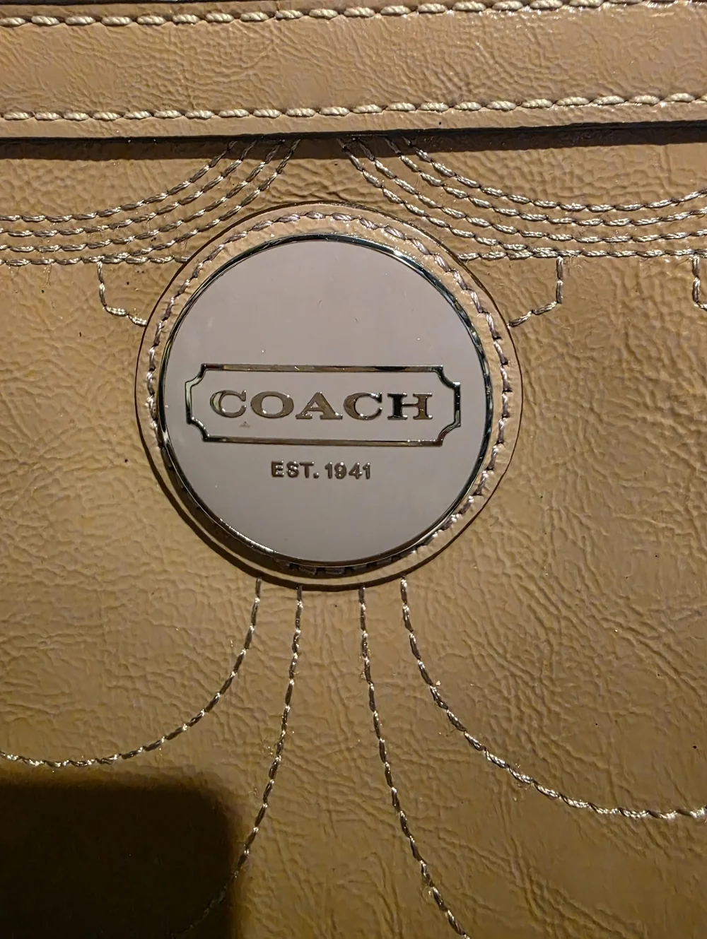 Coach Tan with lilac stitching and interior patten Leather Signature Tote
